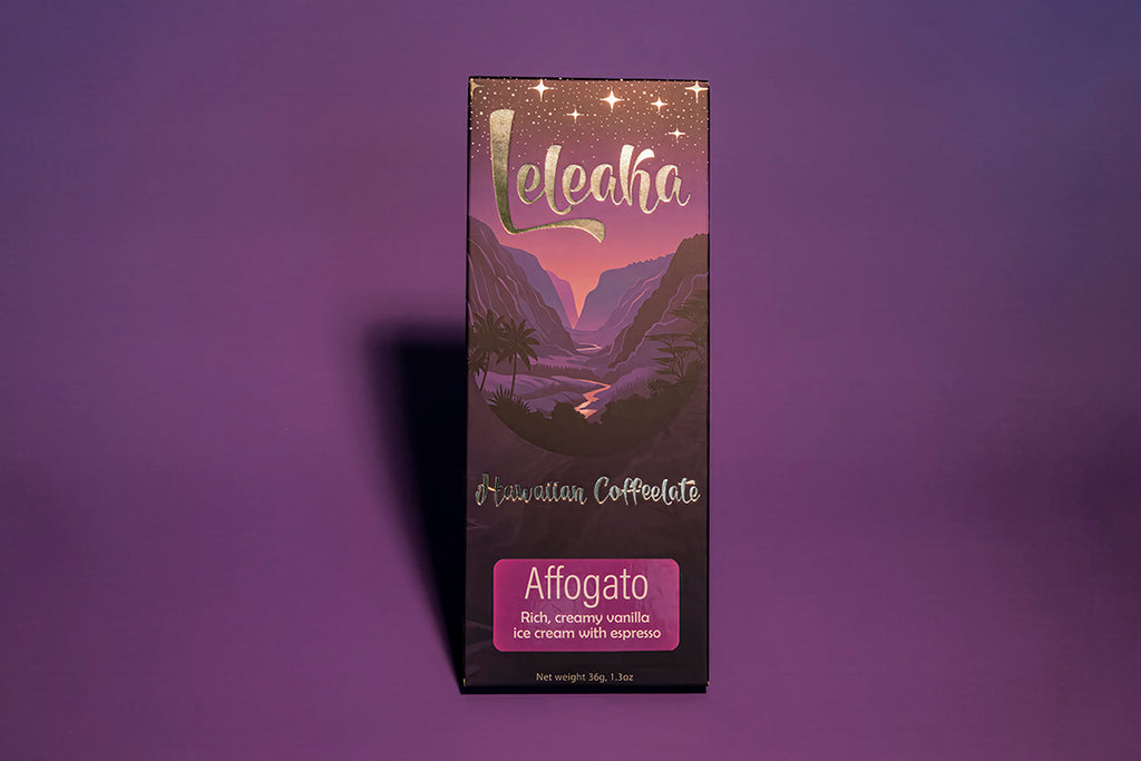 Leleaka affogato bar packaging on purple background