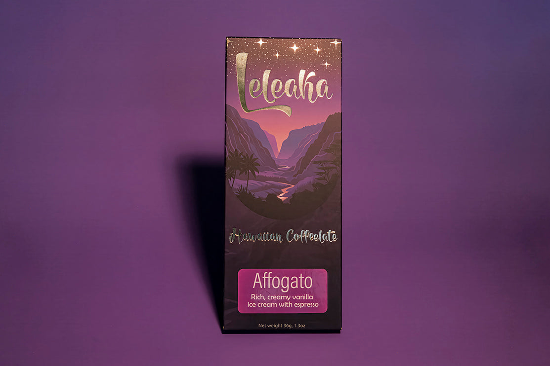 Leleaka affogato bar packaging on purple background