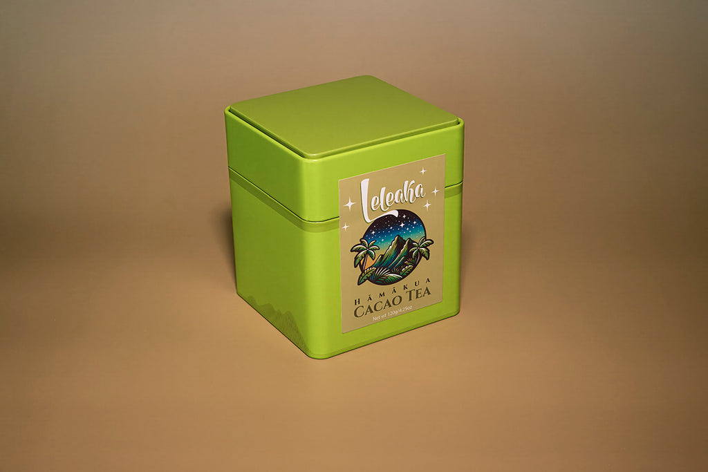 Green tea tin containing cacao tea