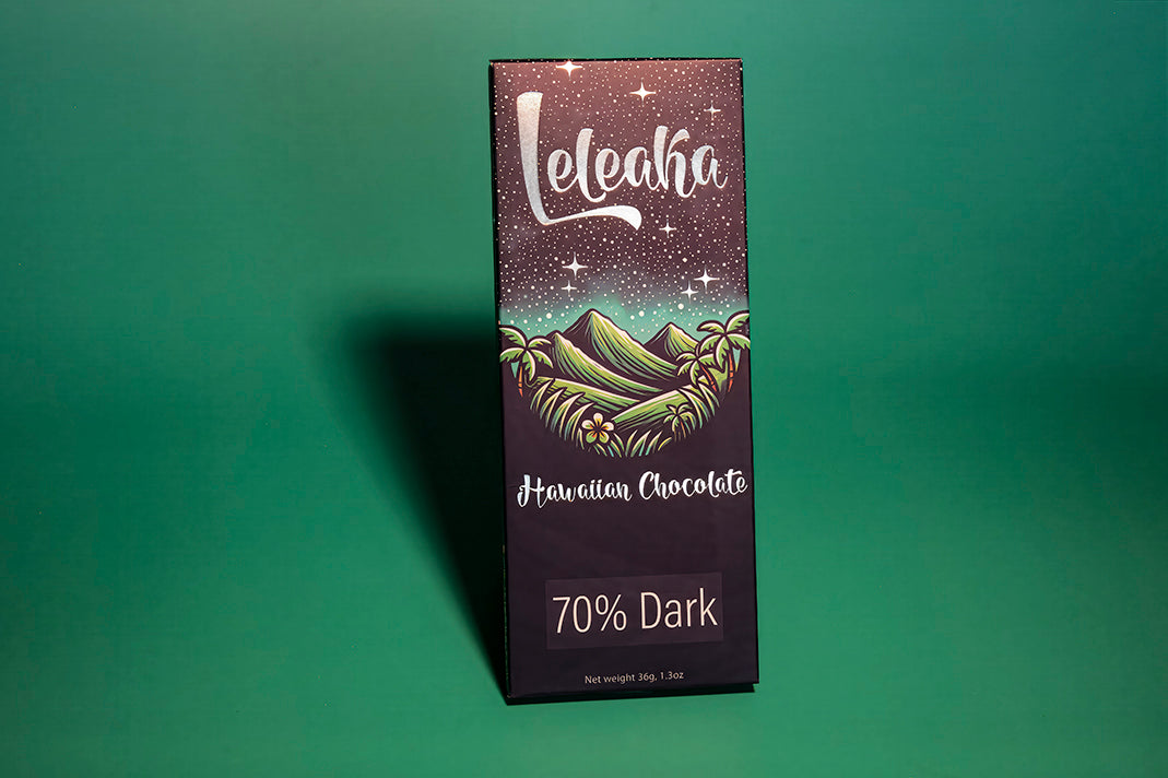 Leleaka 70% dark bar packaging on green background