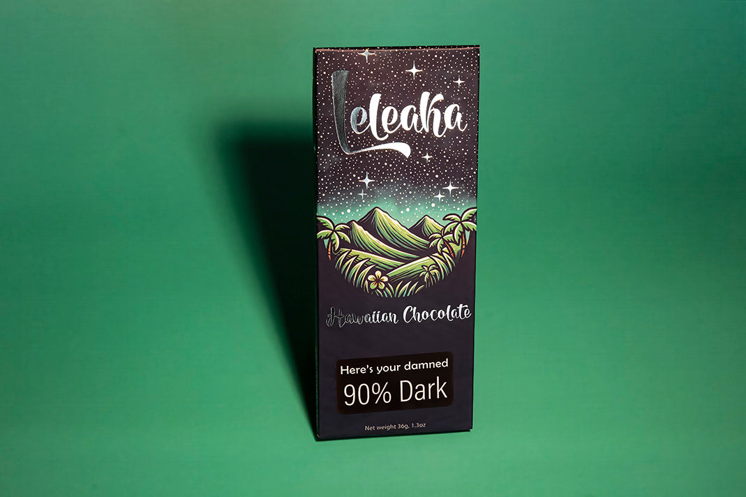 Leleaka 90% chocolate bar packaging on a green background