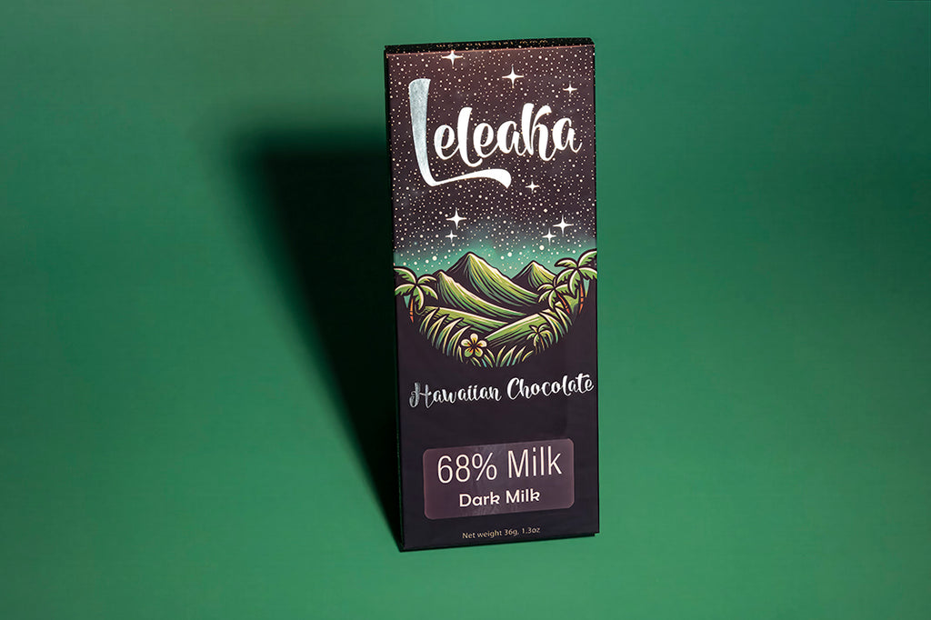 Leleaka dark milk bar packaging on green background