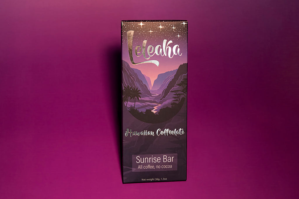 Chocolate bar packaging with 'Leleaka' branding on a purple background